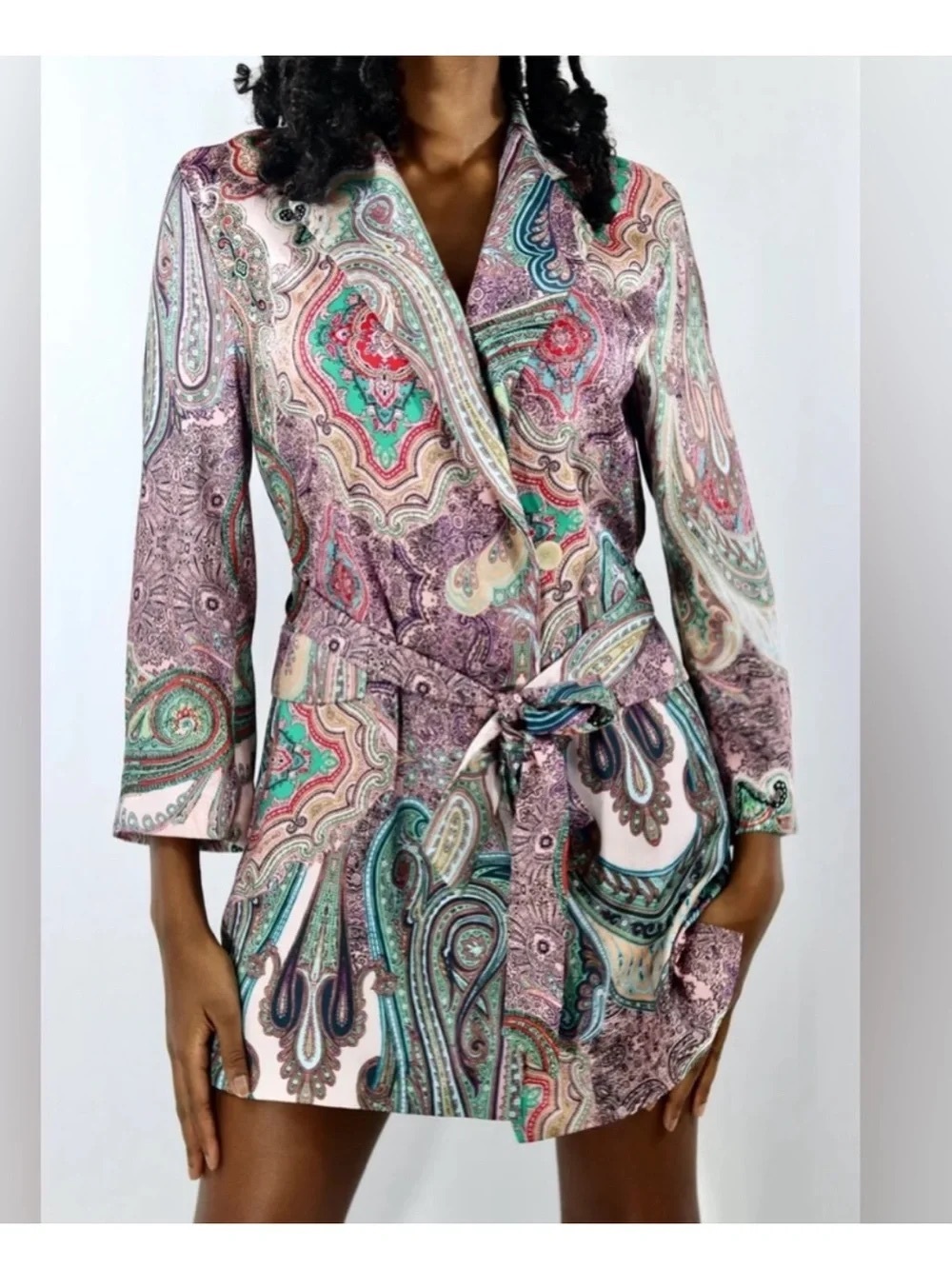 Zara Paisley Satin Tie-Waist Robe in Pink, Green, Cream